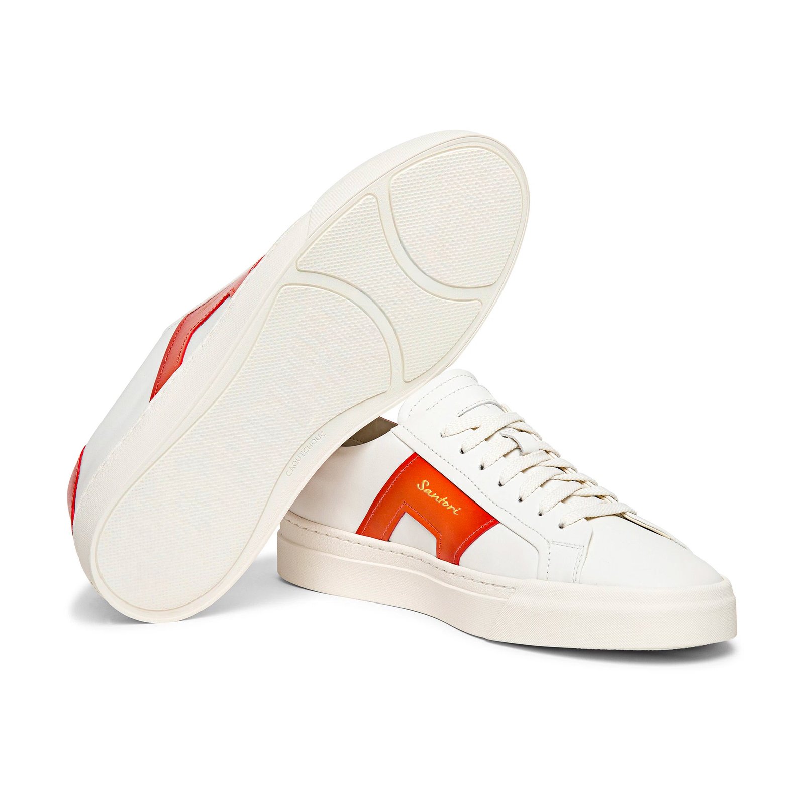 Sneakers da uomo in pelle bianca e arancione con doppia fibbia - immagine 3